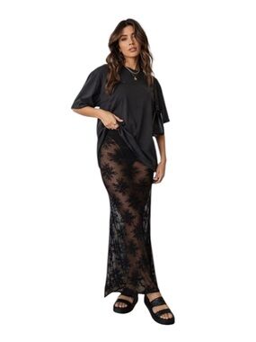Auden Black Sheer Mesh Lace Maxi Skirt Slit Elastic Waist Festival Goth